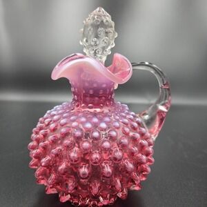 VTG Fenton Hobnail Cranberry Opalescent Ruffle Pitcher Cruet Stopper MCM '40s 6"